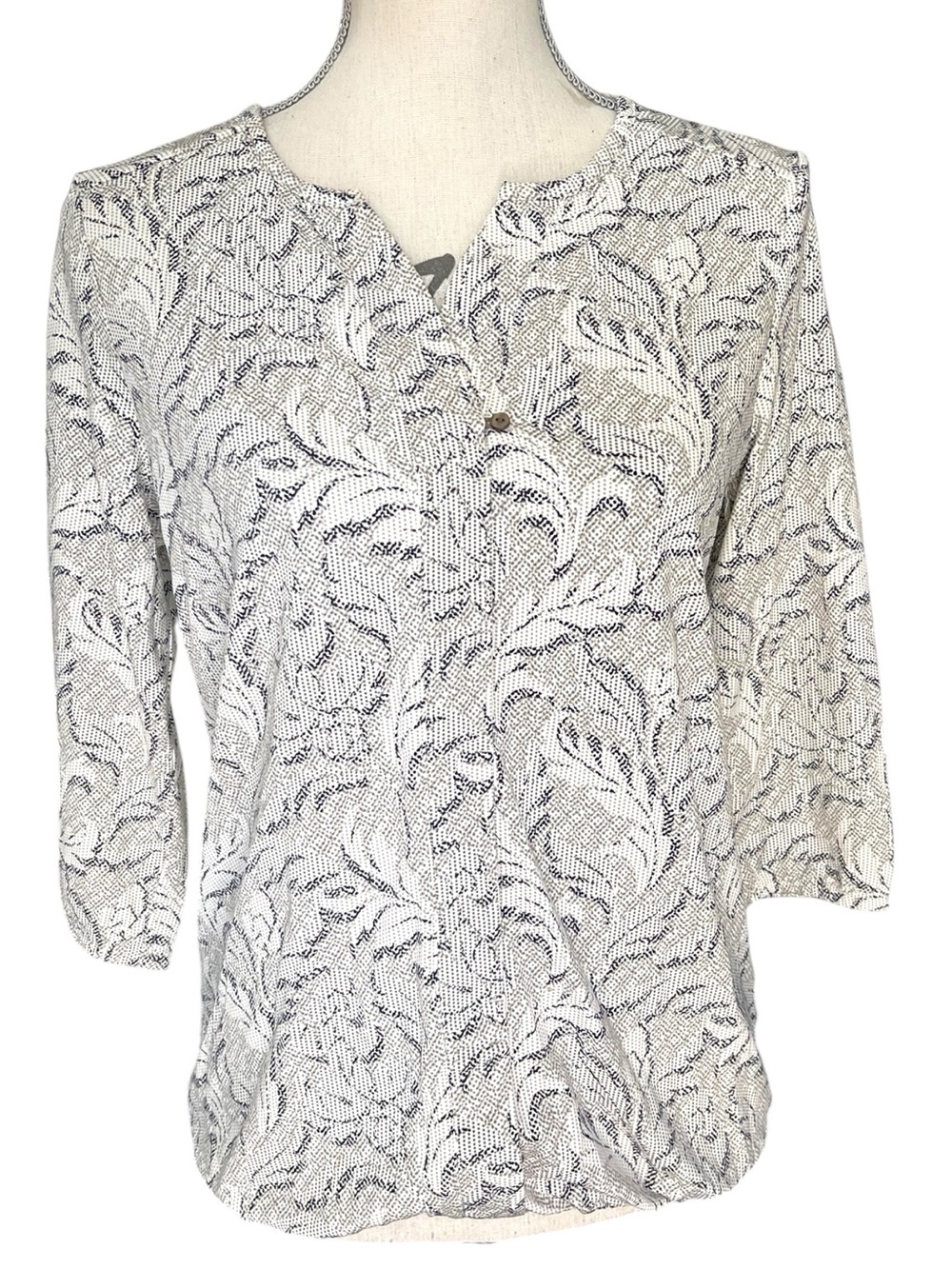Olsen Europe Pullover V-Neck Cream/Taupe/Black Pattern Elastic Waist Top (S)